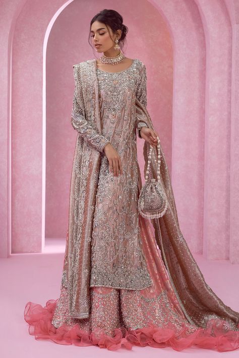 Annus Abrar - Women's clothing Designer. Vienna Bohemian Embroidered Wedding Abaya, Pink Embroidered Wedding Abaya, Lilac Wedding Dress Pakistani, Light Pink Desi Wedding Dress, Bollywood Style Embroidered Long Sleeve Abaya, Annus Abrar, Zardozi Embroidery, Nikkah Dress, How To Iron Clothes