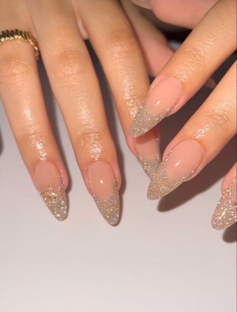 Almond Nails With Tip Color, Nude Glitter French Tip Nails, Gold Glitter French Tip Nails Coffin, Long Almond Glitter Nails, Natural Acrylic Nails With Glitter, Formal Gold Nails, Bling French Tip Nails Almond, Almond Glitter French Tip Nails, Birthday Sparkly Nails