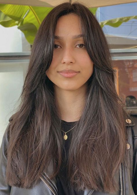 43 Curtain Bangs That're So Trendy in 2022 : Layers + Long Bangs Haircut For Medium Length Hair Indian, V Shaped Haircut, One Length Hair, Haircuts Medium, Hair Inspiration Long, Straight Hair Cuts, Bangs With Medium Hair, Haircuts For Medium Hair, Haircuts Straight Hair