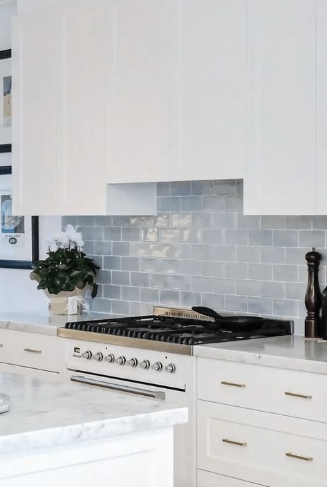 White Kitchen With Grey Backsplash, White Kitchen Blue Backsplash, Light Blue Backsplash, Blue Tile Backsplash Kitchen, Blue Backsplash Kitchen, Light Blue Tile, Gray Subway Tile Backsplash, Blue Kitchen Tiles, White Kitchen Countertops