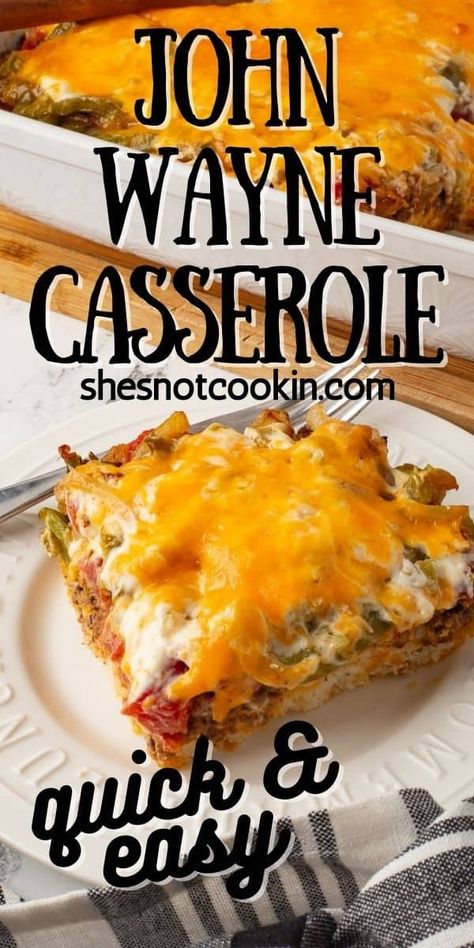 Serving of John Wayne casserole on a white plate with a fork. Cattle Drive Casserole, Cheesy Casserole Recipes, John Wayne Casserole, Cheese Corn Casserole, Leftover Casserole, Philly Cheese Steak Casserole, Homemade Taco Seasoning Recipe, Tater Tot Casserole Recipes, Noodle Casserole Recipes