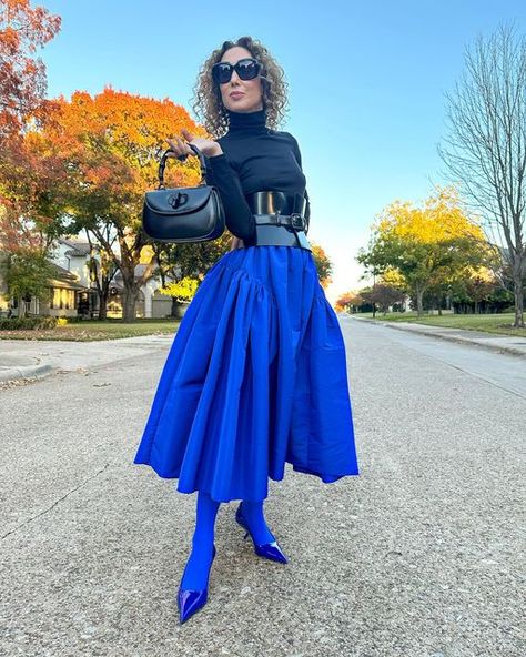 Cobalt Blue Skirt Outfit, Carla Rockmore Style, Cobalt Blue Turtleneck Outfit, Carla Rockmore Outfits, Carla Rockmore, Luxury Chic Blue Skirt, Cobalt Blue Aesthetic Fashion, Royal Blue Turtleneck, Cobalt Blue Outfit