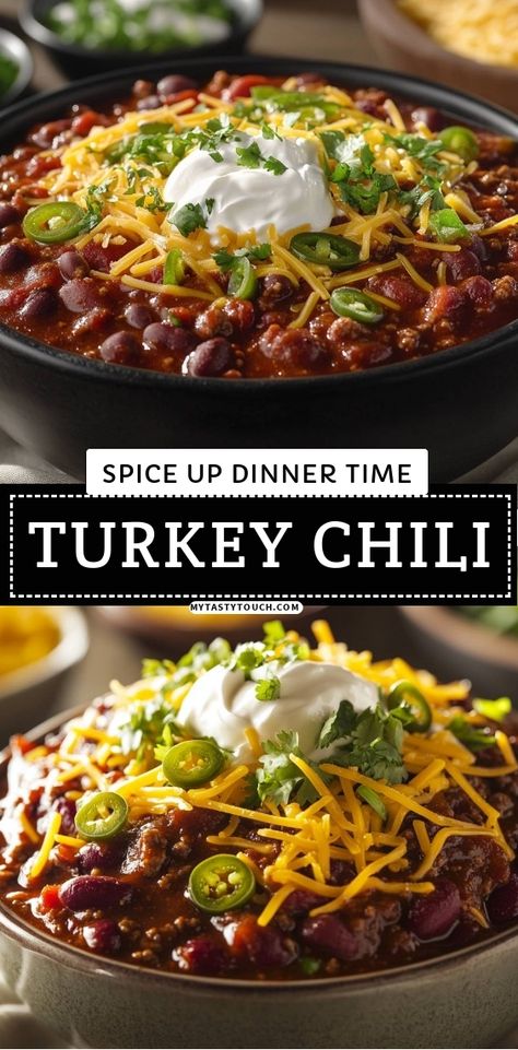 I absolutely love this Turkey Chili recipe! It's packed with flavor and perfect for those cozy evenings. Topped with shredded cheese, fresh jalapeños, and a dollop of sour cream, it makes for a satisfying meal. Trust me, this chili will spice up your dinner time and warm you up inside! Chili Recipe With Turkey Meat, Leftover Turkey Chili Recipe, Turkey Chili Stovetop, Best Turkey Chili Recipe, No Meat Chili Recipe, Homemade Turkey Chili, Chili On The Stove, Healthy Turkey Chili Recipe, Spicy Turkey Chili