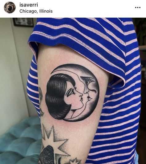 Groovy Traditional Tattoo, Lady Moon Tattoo, 1920s Tattoo Ideas, Marina And The Diamonds Tattoo, American Traditional Moon Tattoo, Moon With Face Tattoo, Moon Arm Tattoo, Traditional Woman Tattoo, Traditional Moon Tattoo