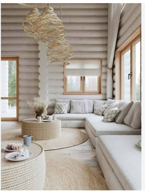 White Log Cabin Interiors, Log House Interior, White Log Cabin, Log Cabin Modern, Log Home Interior, Log Cabin Exterior, White Cabin, Cabin Interior Design, Log Cabin Interior