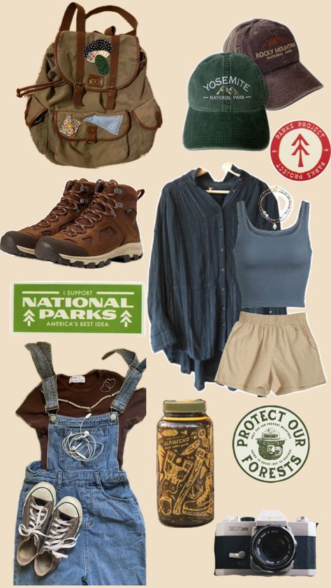 Granola girl outfit inspo collage, vintage film camera, Nalgene water bottle, overall, brown cropped shirt, brown converse, tan cloth shorts, blue tank top, blue flannel, national park hats, granola girl backpack, leather, hiking boots, aesthetic hiking boots, national park stickers Summer Camp Aesthetic Outfits, Camping Aesthetic Outfits, Granola Girl Aesthetic Outfits, Summer Camp Outfits, Granola Girl Outfits, Granola Outfits, Granola Style, Camping Outfits For Women, Outdoorsy Girl