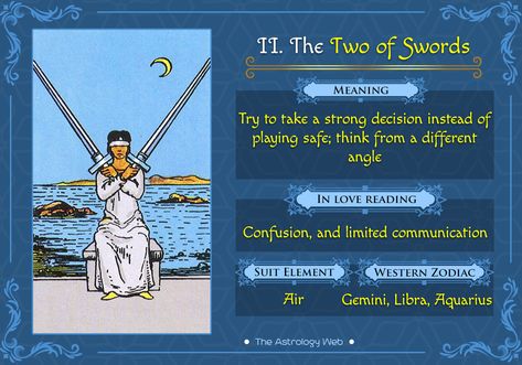 The Two of Swords card upright and reversed meaning, reading in love and other situations, what does the 2 of Swords card mean in past, present, future Two Of Swords Tarot, 2 Of Swords, Six Of Swords, Nine Of Swords, Swords Tarot Meaning, Two Of Swords, Tarot Interpretation, Tarot Significado, Tarot Cards For Beginners