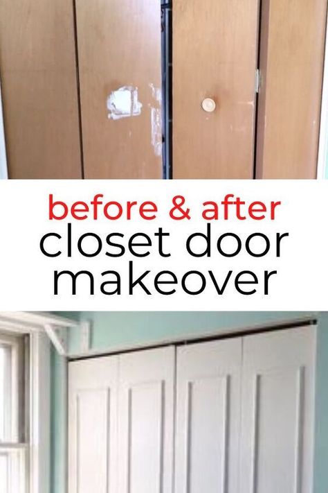 Molding On Closet Doors, Change Bifold Doors To Regular Doors, Upgrade Bifold Closet Doors, Update Old Doors, Closet Doors Diy, Old Closet Doors, Bifold Doors Makeover, Wood Closet Doors, Folding Closet Doors