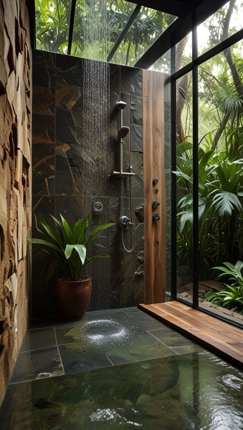 Indoor Outdoor Shower Ideas, Bali Bathroom Design, Stone Walk In Shower Ideas, Rainforest Bathroom Ideas, Rainforest Bathroom, Greenhouse Bathroom, Forest Bathroom, Nature Bathroom, Jungle Bathroom