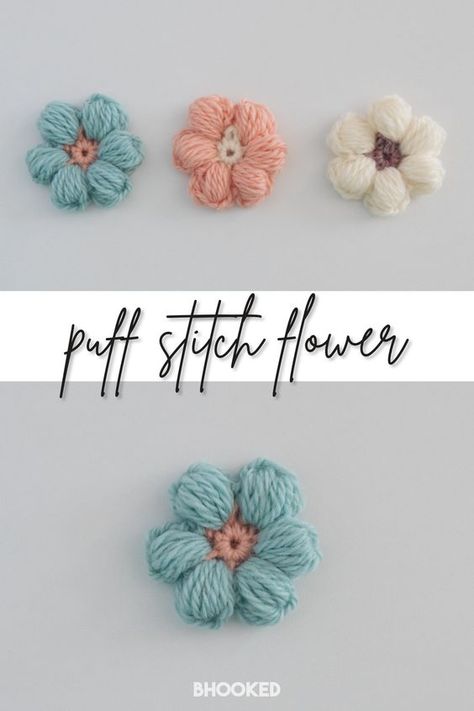 With this project you’ll get to practice your puff stitch skills and see how the tension can adjust the sizing of the flower petals. #BHooked #Crochet #HowToCrochet #CrochetProject #CrochetPattern #CrochetTutorial Puff Stitch Flower Crochet Pattern, Free Puff Flower Crochet Pattern, How To Make A Crochet Puff Stitch, Crochet Puff Daisy Pattern Free, How To Make Puffy Crochet Flowers, Puffed Flower Crochet, Chunky Daisy Crochet, Crochet White Flowers Free Pattern, How To Make Yarn Flowers