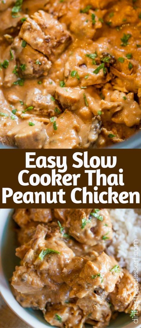 Slow Cooker Thai Peanut Chicken - sub yogurt- an easy weeknight meal made with coconut milk, lime juice, peanut butter, ginger and garlic. Skip the delivery! Peanut Chicken Recipe, Slow Cooker Thai, Gf Dinner, Thai Peanut Chicken, Wolfgang Puck, Thai Peanut, Peanut Chicken, Recipes Yummy, Asian Inspiration