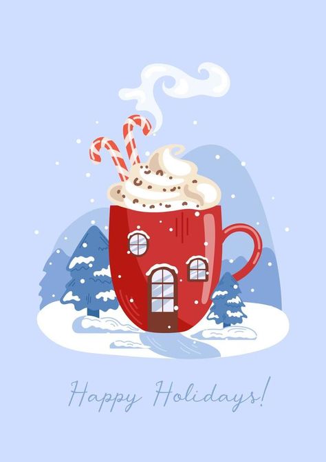 Happy Holidays. House in the form of a red mug. Hot chocolate or coffee, cocoa and whipped cream. candy cane. Winter forest, fir trees in the snow. For posters, postcards, banners, design elements. Hot Chocolate Poster Design, Christmas Coffee Drawing, Christmas Coffee Illustration, Hot Chocolate Illustration, Hot Chocolate Xmas, Christmas Moodboard, Disco Wallpaper, Winter Graphics, Banners Design