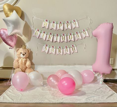 Baby girl First birthday decor at home. #diy #firstbirthdaypartyathome #firstbirthdayideas #babygirlbirthdayparty #pinkbirthdaydecor #pinkfirstbirthday #firstbirthdaybanner #firstbirthdaydecor Birthday Decor At Home, First Birthday Decor, Pink First Birthday, At Home Diy, Pink Birthday, Girl First Birthday, Birthday Decor