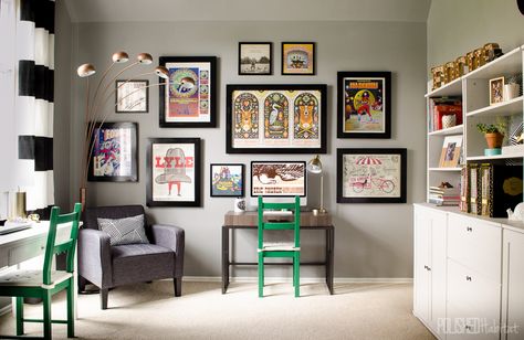 A variety of concert posters collected over the years turned into a grand gallery wall when paired with matching frames. Click for the full room tour! Concert Poster Wall, Polished Habitat, Shared Home Office, Sauder Furniture, Melissa George, Office Makeover, Concert Poster, Room Tour, Organizing Your Home