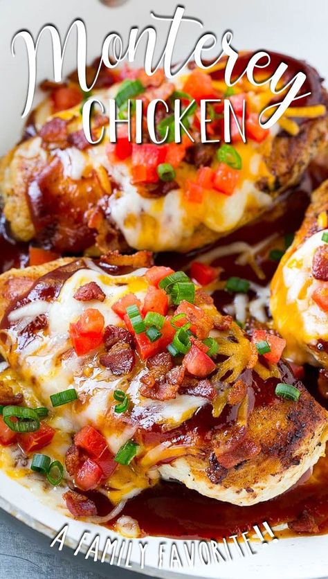 This Monterey chicken is a Chili’s copycat that features seasoned chicken breasts smothered in barbecue sauce, cheese, bacon and tomatoes. Chicken Bacon Bbq Recipes, Monterey Chicken Bubble Up, Baked Monterey Chicken, Monterey Chicken Bake, Cheesy Baked Chicken And Peppers, Montreal Chicken Recipe, Chili's Monterey Chicken Recipe, Monterey Jack Chicken, Summer Chicken Breast Recipes