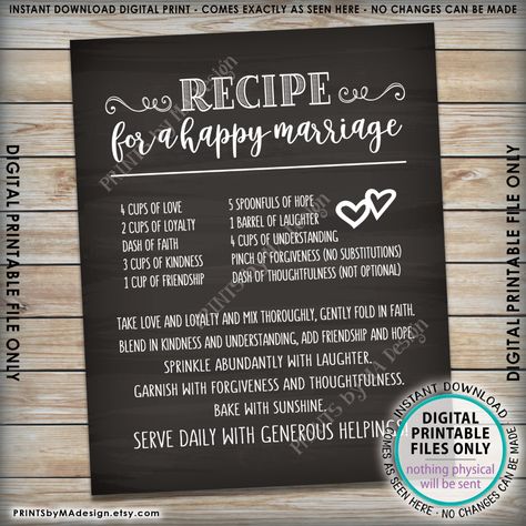 Recipe for a Happy Marriage Sign, Key to a Happy Marriage ... Recipe For A Good Marriage, Wishes For Happy Married Life, Happy Married Life Frame, Happy Marriage Life Background, Recipe For A Happy Marriage Printable, Recipe For Marriage, Marriage Signs, Chalkboard Style, Good Marriage