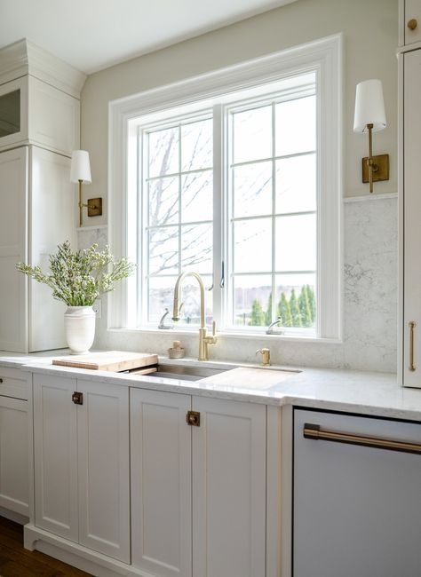 Center Hall Colonial Remodel, Center Hall Colonial Kitchen, Casement Windows Kitchen, White Kitchen Windows, Colonial Remodel, Studio Mcgee Kitchen, Colonial Kitchen Remodel, Heights House, Kitchen Sink Window