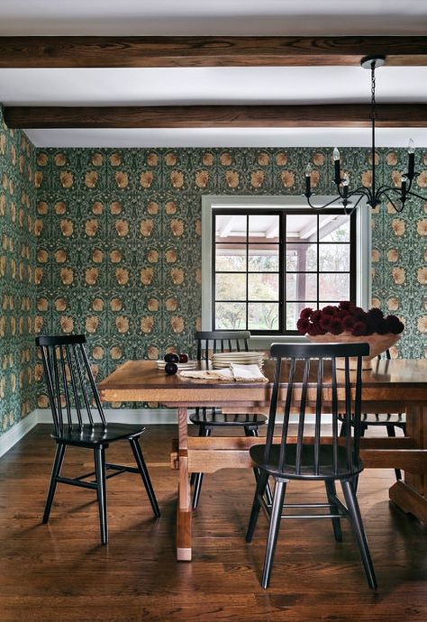 Transitional French Country, Wallpaper Dining Room, Wallpaper Dining, Tennessee Cabins, William Morris Wallpaper, Farmhouse Coastal, Start School, Morris Wallpapers, Back In My Day