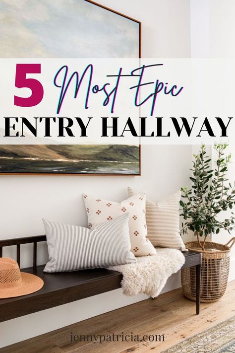 Over Front Door Decor Interior Entryway, Realistic Entryway Ideas, Bench In Hallway Decor, Entryway And Hallway Ideas, How To Decorate A Large Entry Wall, Long Entry Way Decor Ideas, Chair In Hallway Entryway, Wall Decor Front Entryway, Hallway Sofa Ideas