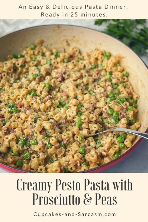 Creamy Pesto Pasta with Prosciutto & Peas - Cupcakes and Sarcasm Proscuitto Pasta, Proscuitto Recipe, Creamy Pesto Pasta Recipe, Pasta With Prosciutto, Prosciutto Pasta, Prosciutto Asparagus, Avocado Pesto Pasta, Pasta For Dinner, Prosciutto Recipes