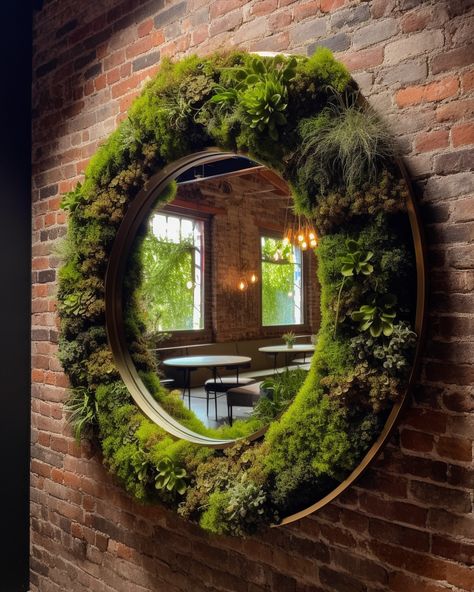 Circular mirror moss framed wall art Moss Framed Mirror, Moss Covered Mirror, Moss Mirror Frame, Moss Mirror Diy, Mirror Moss, Nature Mirror, Moss Mirror, Beachy Boho Bedroom, Wreath Mirror