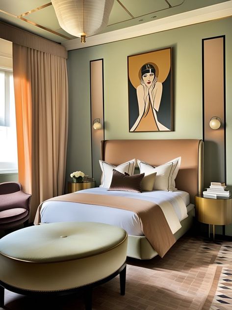 Art Deco Flat Interior Design, Luxury Hotel Suites Bedrooms, Luxe Hotel Bedroom, Bedroom Paint Ideas Color Schemes, Art Deco Hotel Room, Art Deco Modern Interior, Hotel Room Design Luxury, Art Deco Bedroom Design, Contemporary Art Deco Interior