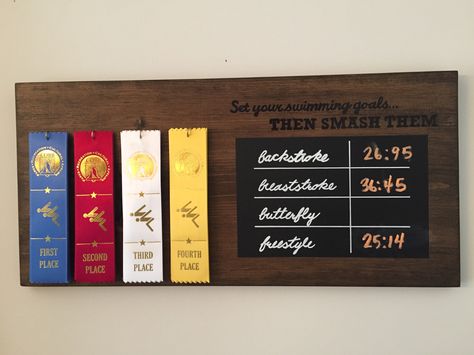 Swimming ribbons personal record board Swimming Medal Display Ideas, Swim Team Ribbon Display Ideas, Swim Ribbon Display, Swimming Ribbon Display Ideas, How To Display Ribbons And Medals, Swimming Ribbon Display, Display Swim Ribbons, Ways To Display Medals And Ribbons, Medal Organizer