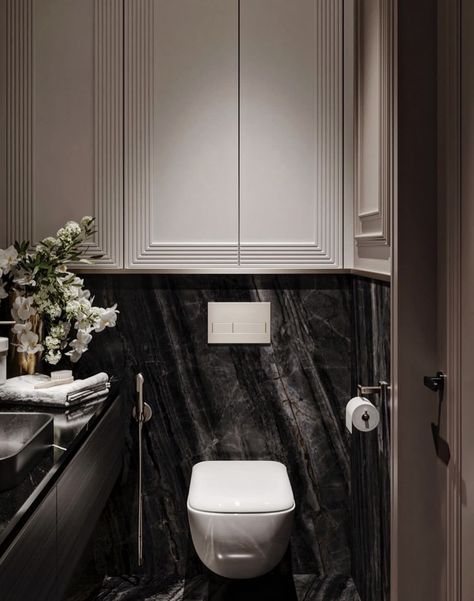 Small Bathroom Classic Design Ideas, Classical Washroom Design, Toilet Design Classic, Bathroom Classic Modern, Classic Toilet Design, Small Elegant Bathroom, Classic Powder Room, Toilet Plan, Toilet Design Modern