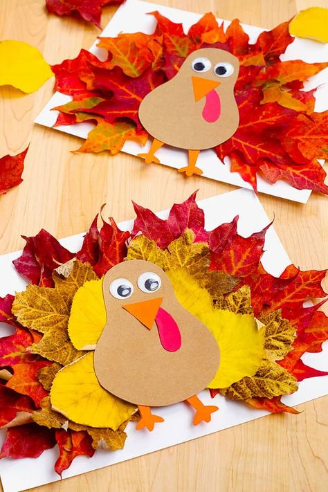 Celebrate beautiful fall leaves with this leaf turkey craft! It's such a fun and easy autumn craft, a perfect Thanksgiving activity for kids to make at home or in the classroom. Gather up real fall leaves for the turkey's feathers and print off our FREE turkey template to make the turkey's body. Such a cute and simple kids craft! Turkey Crafts With Leaves, Turkey Decorating Project Kid On Paper, Turkey Out Of Leaves Craft, 3d Turkey Craft, Easy Thanksgiving Crafts For Seniors, Turkey Arts And Crafts For Kids, Converse Crafts, Turkey Projects For Kids, Paper Leaf Craft