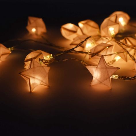 Star Fairy Lights, Origami Lampshade, Star Fairy, Origami Lamp, Origami Star, Fairy Lights Bedroom, Lantern String Lights, Paper Origami, Indoor String Lights