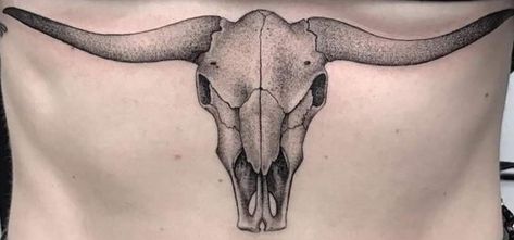 Bull Skull Tattoo Stomach, Bull Skull Tattoo Under Knee, Tattoo On Sternum, Long Horn Tattoo For Women, Bull Skull Tattoo, Bull Skull Tattoos, Cow Tattoo, Bison Skull, Belly Tattoo