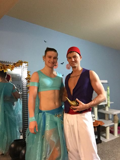 Aladdin/Jasmine Halloween costumes by CLenz Designs Jasmine And Aladdin Costumes Couple, Alladin Costume Men, Couple Halloween Costumes Aladdin, Male Jasmine X Aladdin, Aladdin Live Action Jasmine Outfits, Jasmine Halloween Costume, Gay Costume, Aladdin And Jasmine, Aladdin