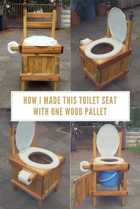 We will get all old, this is an alternative to make it to the toilet at night, off-grid or camping. Decide the high of your toilet seat. For mine, the front leg is 40 cm and the back leg 1.2 m (front and back 4cm x 4cm). I cut 4cm x 1cm strips to cover … Read More » #PalletChairs, #PalletSeat, #RecyclingWoodPallets, #Toilet #PalletBenches,PalletChairsStools Outdoor Bathroom Design, Composting Toilets, Outdoor Toilet, Potty Chair, Camping Toilet, Pools Backyard, Diy Toilet, Composting Toilet, Outdoor Bathrooms