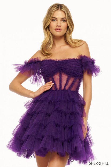 Tulle Short Dress, Ruffle Cocktail Dress, Off Shoulder Cocktail Dress, Ruffle Prom Dress, Sheer Corset, Wearing Purple, Sherri Hill Prom, Dresses Purple, Sherri Hill Prom Dresses