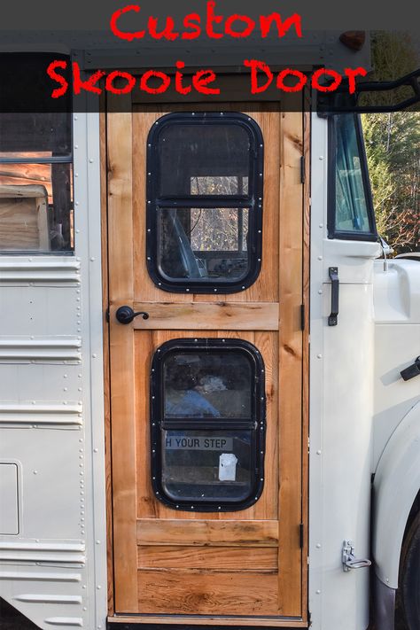 Rather than keep the old school bus door or buy one, we made our own! #skoolie #skoolie conversion #skooliedoor Skoolie Front Doors, Bus Door Conversion, Bus Seats Repurposed, Skoolie Door Ideas, Skoolie Entryway, Skoolie Door, Skoolie Life, Bus Tiny House, Bus Build