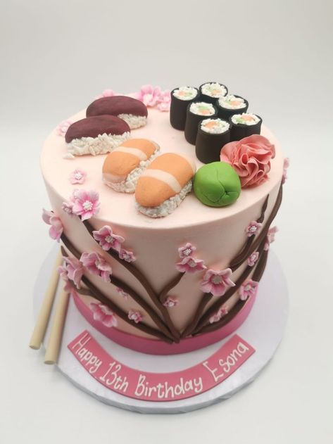 Japanese Cake Design, Sushi Birthday Cake, Sushi Cakes, Cherry Blossom Party, Japanese Party, Sushi Cake, Japanese Cake, Baked Oatmeal Cups, Oatmeal Cups