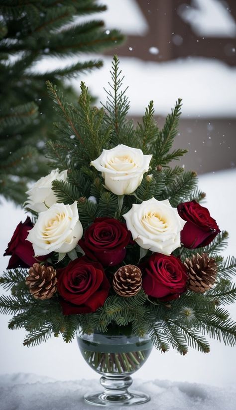 17 Winter Floral Arrangement Ideas - WithLoveLive Cranberry Flower Arrangement, White Rose Christmas Centerpiece, Winter Flowers Arrangements, New Years Floral Arrangements, Winter Flower Arrangements Centerpieces, Christmas Rose Bouquet, Red And White Flower Bouquets, Winter Arrangements Floral Design, Winter Bouquet Flowers