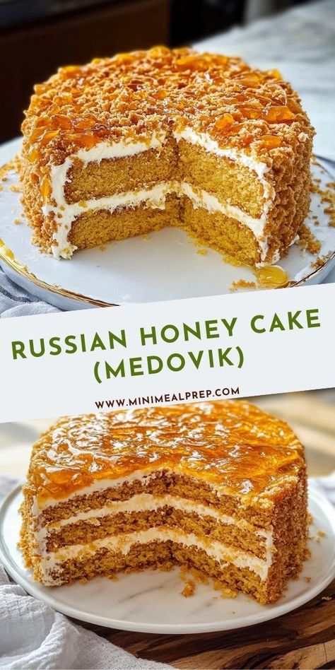 Rich in flavor and history, this Russian honey cake features soft, spongy layers of honey-sweetened cake paired with a light, creamy filling—making it a beloved dessert in every bite. Russian Dessert Recipes, Desserts With Honey, Honey Recipes Dessert, Russian Honey Cake, Quick And Easy Dessert Recipes, Honey Cakes, Honey Cake Recipe, Russian Desserts, Simple Cakes