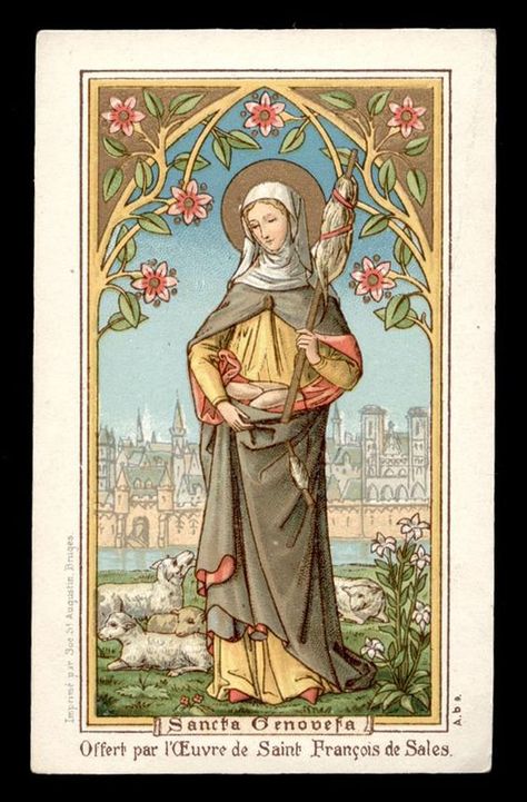 Saint Genevieve, Feast Day January 3 Saint Genevieve, Women Saints, Saint Katherine, St Genevieve, Spindle Spinning, Catholic Artwork, Vintage Holy Cards, Art Nouveau Illustration, Our Lady Of Sorrows