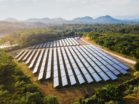 Aerial view of the solar power plant on the mountain at sunset Infrastructure Development, Solar Power Plant, Solar Farm, Sustainable Technology, Green Tech, Outdoor Tv, Solar Technology, Best Vacuum, Popular Mechanics