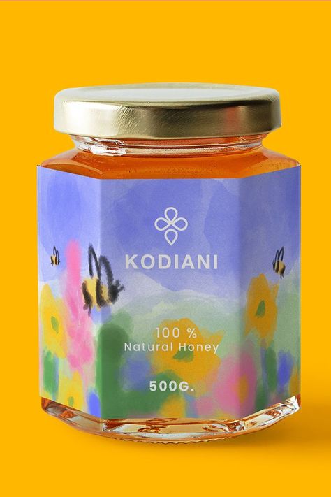 100 % Natural Georgian Honey｜packaging design ｜ Honey Packaging ｜ Logo Design Illustration Tincture Packaging Design, Jar Package Design, Honey Graphic Design, Honey Branding Design, Product Label Design Ideas, Bee Branding, Honey Packaging Design, Logo Honey, Honey Branding