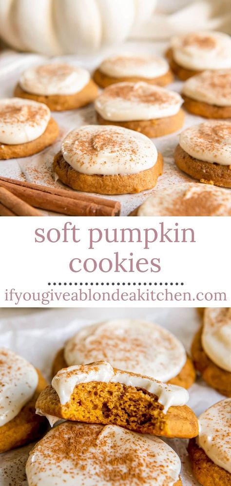 Pumpkin With Cream Cheese Frosting, Soft Baked Pumpkin Cookies, Cookie Bake Recipe, Cookie Cream Cheese Frosting, Pumpkin And Cream Cheese Cookies, Pumpkin Cookies With Cream Cheese, Pumpkin Fall Treats, Recipes With Cream Cheese Frosting, Easy Desserts For Fall