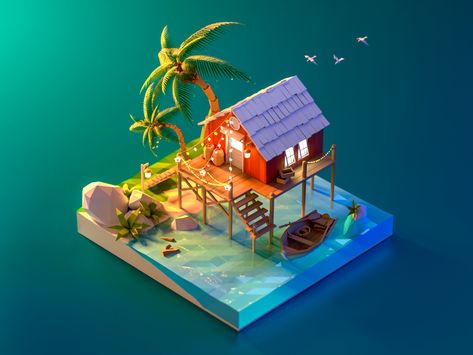 Seaside cottage night by JzhDesigner Isometric Art, Isometric Design, Isometric Illustration, Low Poly Art, Seaside Cottage, Design Stand, Low Poly 3d, Scene Design, 3d Artwork