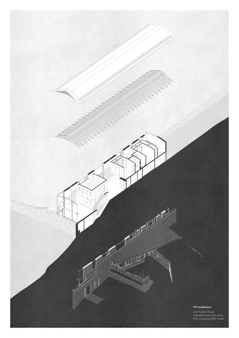 Gallery of Loch Tummel House / WT Architecture - 32 Axo Section Architecture, Materiality Diagram Architecture, Synthesis Drawing Architecture, Architecture Section Render, Finals Aesthetic, Wt Architecture, Section Architecture, Architecture Sections, Section Drawing Architecture