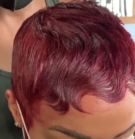 Red Haircut Black Women, Burgundy Shaved Hair Black Women, Burgundy Finger Waves Black Women, Burgundy Short Hair Black Women, Pixie Burgundy Hair, Pixie Cut Hair Color, Finger Waves Burgundy, Burgundy Fingerwaves, Red Short Hair Black Women