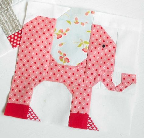 A Patchsmithian pink elephant (Block 37). Elephant Quilt Block, Sampler Quilt Blocks, Elephant Quilts Pattern, Elephant Quilt, Farmhouse Quilts, Sampler Quilts, Baby Quilt Patterns, Landscape Quilts, Picture Quilts