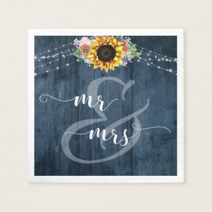 Blue Wood Sunflower Lights Mr and Mrs Napkin Greenery Wreath Wedding, Wood Sunflower, Rustic Wood Background, Blue Sunflower, Rustic Napkins, Red Sunflowers, Daisy Wedding, Personalized Paper Napkins, Floral Party