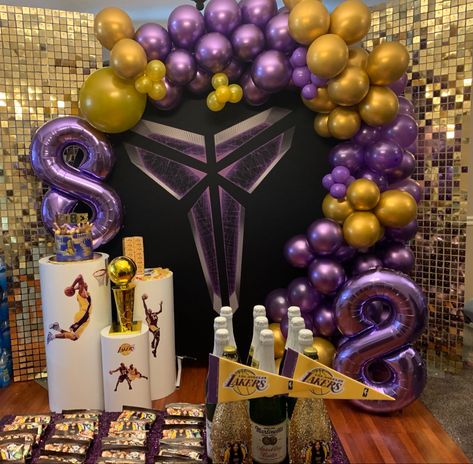 Lakers Party Decorations, Kobe Birthday Theme, Lakers Party, Kobe Bryant Birthday Theme, Lakers Themed Birthday Party, Lakers Birthday Party, Kobe Bryant Birthday, Basketball Themed Birthday Party, Surprise 50th Birthday Party