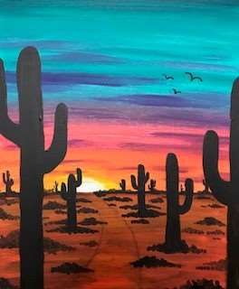 Southwest Sunset - Tue, Apr 09 6:30PM at Dierks Whiskey Row - Gilbert Scary Silhouette, Hedgehog Template, Hedgehog Crafts, Fall Hedgehog, Southwest Sunset, Pumpkin Painted, Silhouette Background, Cactus Paintings, Pinots Palette