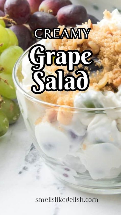 Grape salad is a potluck and holiday staple, offering a sweet and  refreshing counterpoint to heavier savory dishes. This Creamy Grape  Dessert Salad recipe takes the classic concept to new heights, combining  plump red and green grapes with a rich and decadent cream cheese and  sour cream dressing. Grape Salad With Cream Cheese, Frozen Casserole Recipes, Sour Cream Dressing, Grape Dessert, Dessert Salad Recipes, Thanksgiving Appetizer, Vegetable Bread, Grape Salad, Holiday Side